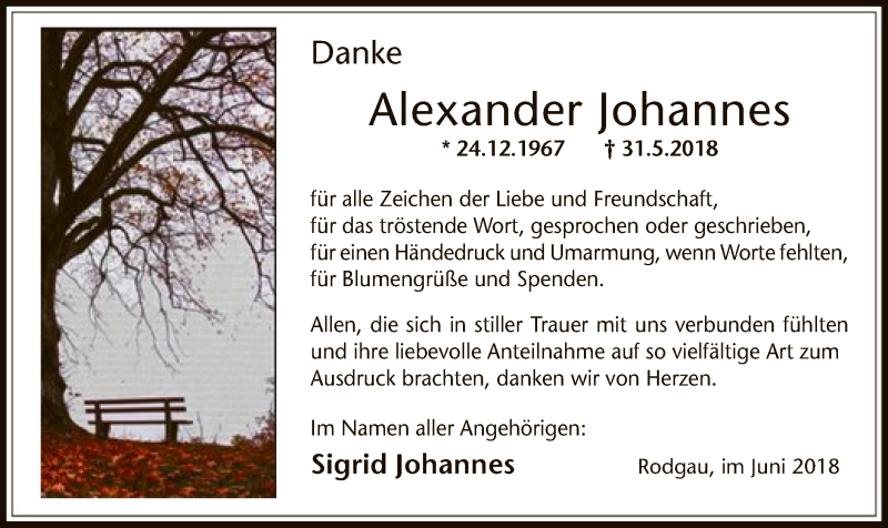  Traueranzeige für Alexander Johannes vom 30.06.2018 aus Offenbach