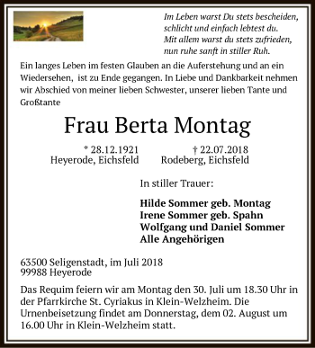 Traueranzeige von Berta Montag von Offenbach