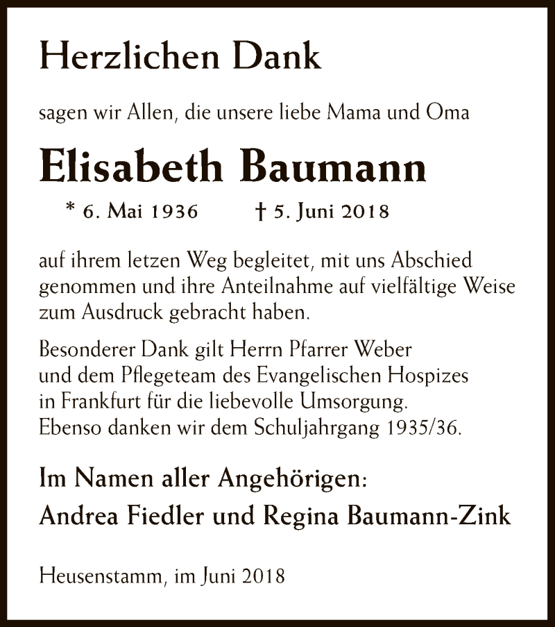  Traueranzeige für Elisabeth Baumann vom 04.07.2018 aus Offenbach