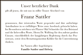 Traueranzeige von Franz Sattler von Offenbach