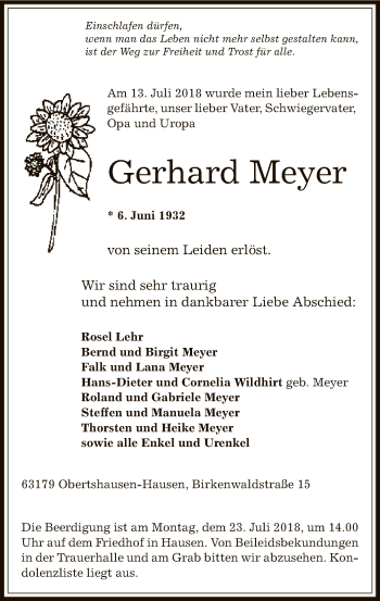 Traueranzeige von Gerhard Meyer von Offenbach