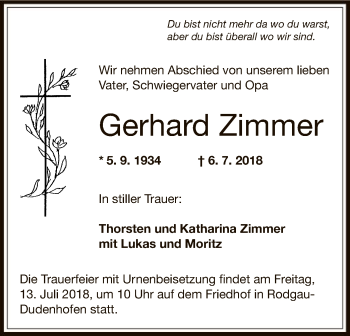 Traueranzeige von Gerhard Zimmer von Offenbach