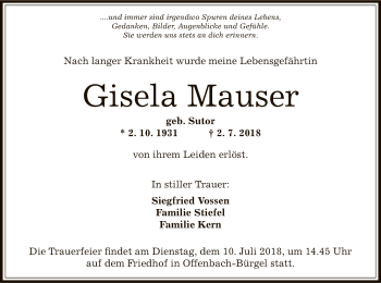 Traueranzeige von Gisela Mauser von Offenbach