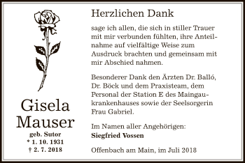 Traueranzeige von Gisela Mauser von Offenbach