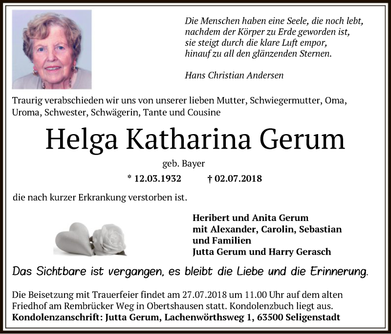  Traueranzeige für Helga Katharina Gerum vom 26.07.2018 aus Offenbach