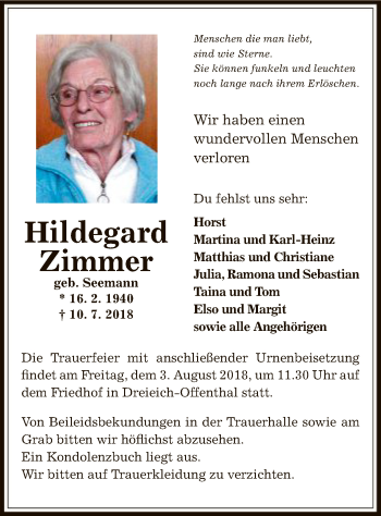 Traueranzeige von Hildegard Zimmer von Offenbach