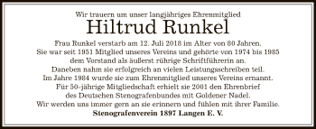 Traueranzeige von Hiltrud Runkel von Offenbach