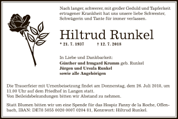 Traueranzeige von Hiltrud Runkel von Offenbach