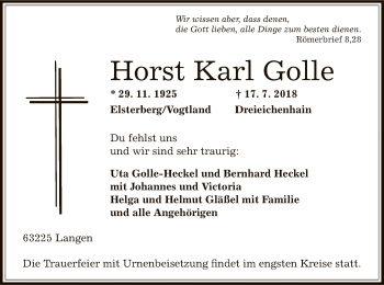 Traueranzeige von Horst Karl Golle von Offenbach