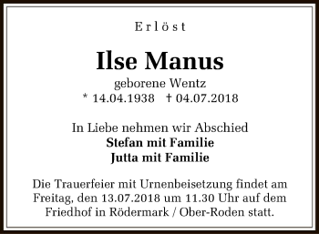 Traueranzeige von Ilse Manus von Offenbach