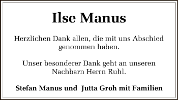 Traueranzeige von Ilse Manus von Offenbach