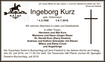 Traueranzeige von Ingeborg Kurz von Offenbach