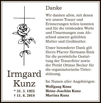 Traueranzeige von Irmgard Kunz von Offenbach