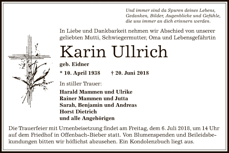  Traueranzeige für Karin Ullrich vom 04.07.2018 aus Offenbach