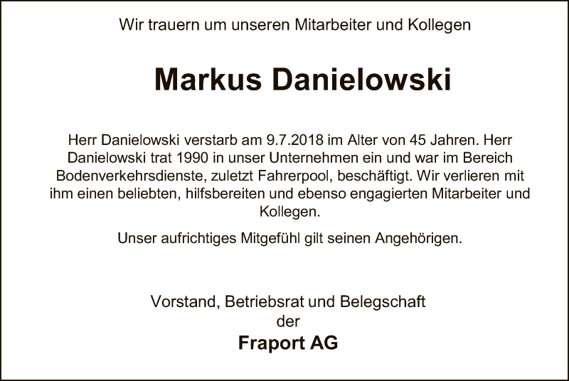 Traueranzeige für Markus Danielowski vom 14.07.2018 aus Offenbach