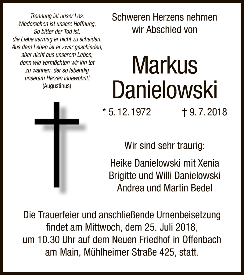 Traueranzeige für Markus Danielowski vom 21.07.2018 aus Offenbach