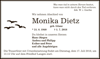Traueranzeige von Monika Dietz von Offenbach