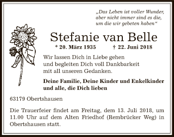 Traueranzeige von Stefanie van Belle von Offenbach