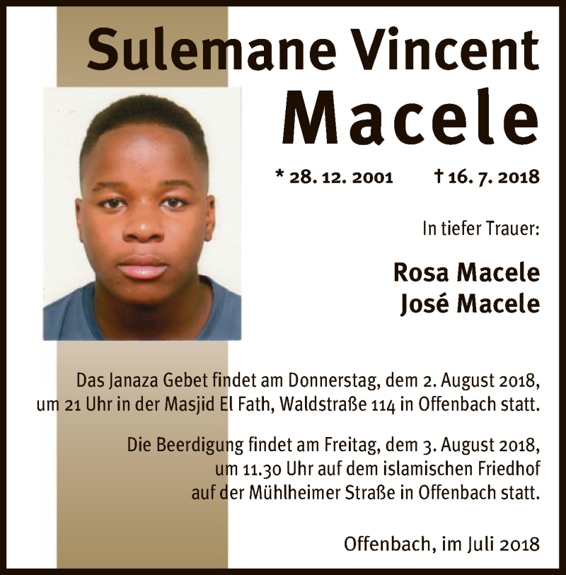  Traueranzeige für Sulemane Vincent Macele vom 31.07.2018 aus Offenbach