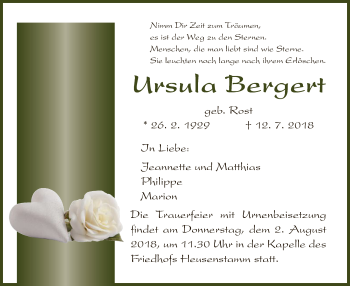 Traueranzeige von Ursula Bergert von Offenbach