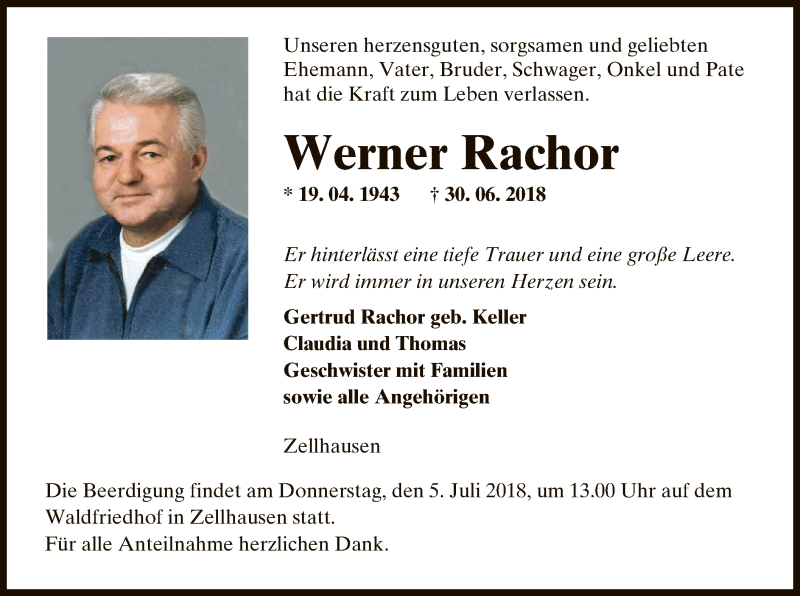  Traueranzeige für Werner Rachor vom 04.07.2018 aus Offenbach