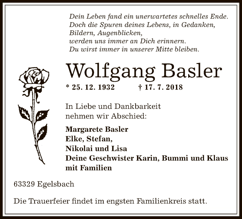  Traueranzeige für Wolfgang Basler vom 26.07.2018 aus Offenbach