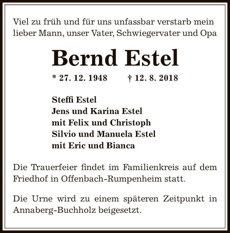  Traueranzeige für Bernd Estel vom 18.08.2018 aus Offenbach
