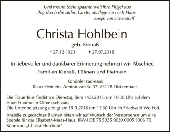Traueranzeige von Christa Hohlbein von Offenbach