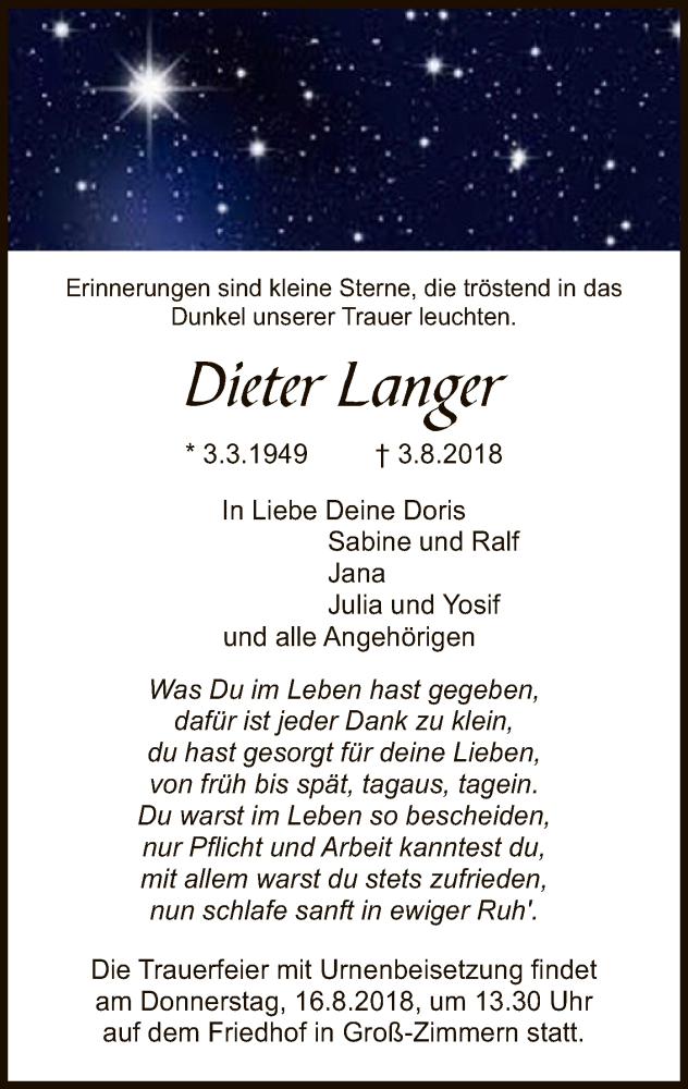  Traueranzeige für Dieter Langer vom 11.08.2018 aus Offenbach