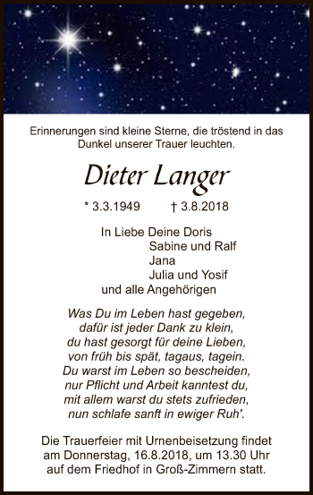 Traueranzeige von Dieter Langer von Offenbach