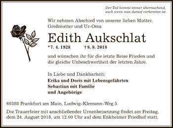 Traueranzeige von Edith Aukschlat von Offenbach