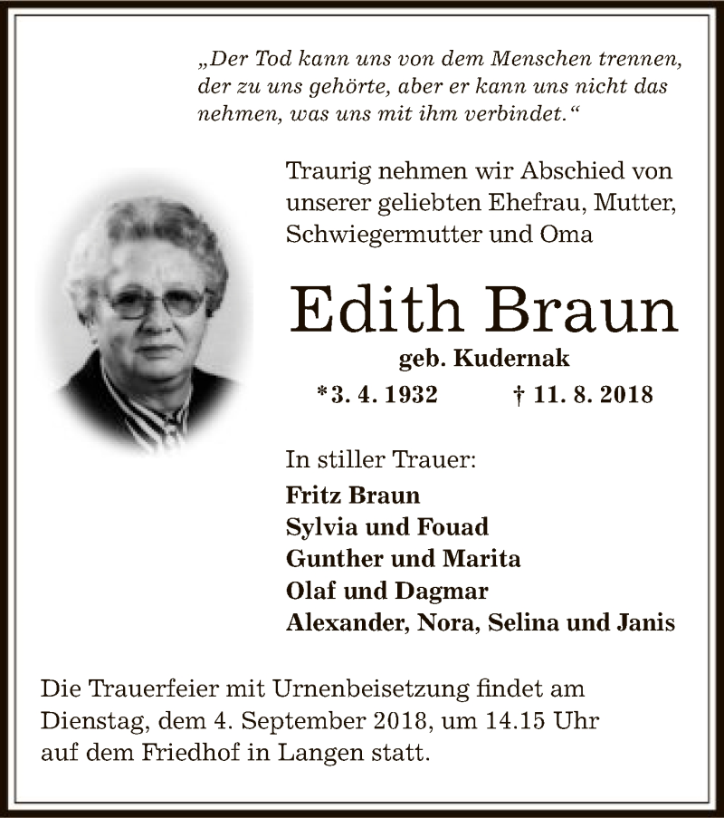  Traueranzeige für Edith Braun vom 25.08.2018 aus Offenbach