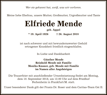 Traueranzeige von Elfriede Mende von Offenbach