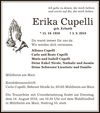 Traueranzeige von Erika Cupelli von Offenbach