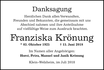 Traueranzeige von Franziska Krönung von Offenbach