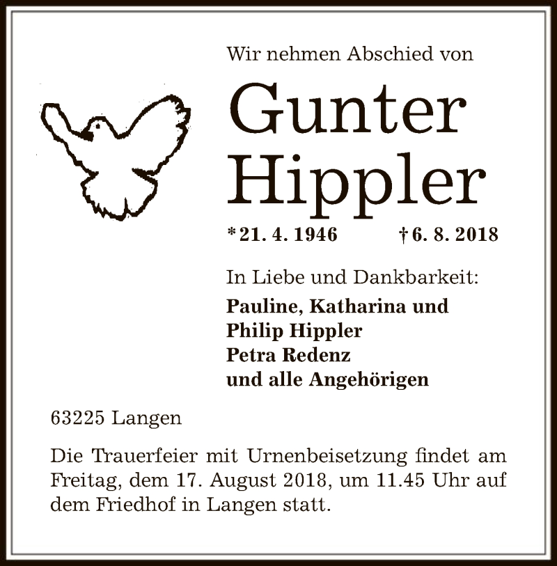  Traueranzeige für Gunter Hippler vom 10.08.2018 aus Offenbach