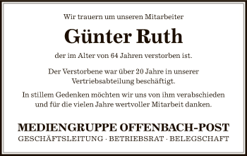 Traueranzeige von Günter Ruth von Offenbach