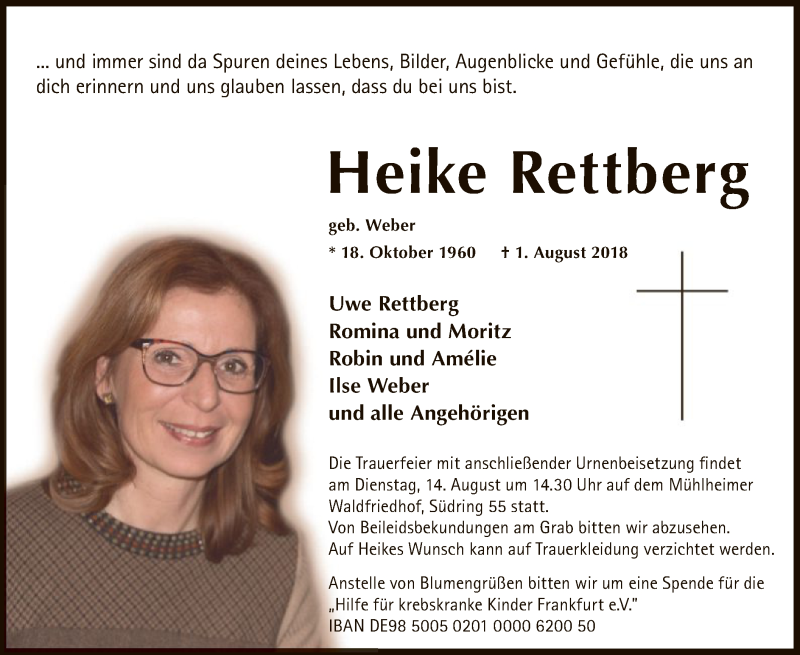  Traueranzeige für Heike Rettberg vom 11.08.2018 aus Offenbach