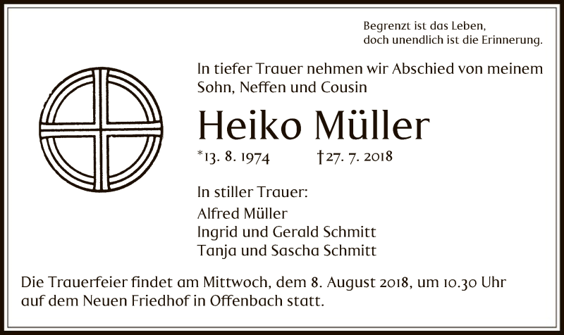  Traueranzeige für Heiko Müller vom 04.08.2018 aus Offenbach