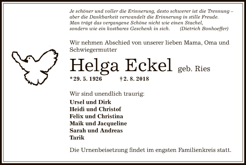  Traueranzeige für Helga Eckel vom 09.08.2018 aus Offenbach