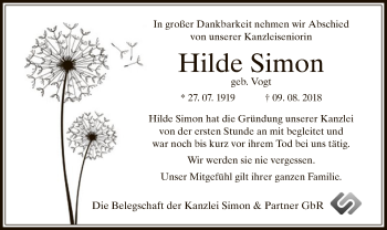 Traueranzeige von Hilde Simon von Offenbach