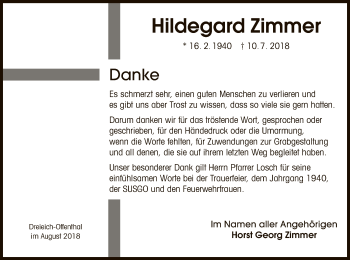 Traueranzeige von Hildegard Zimmer von Offenbach