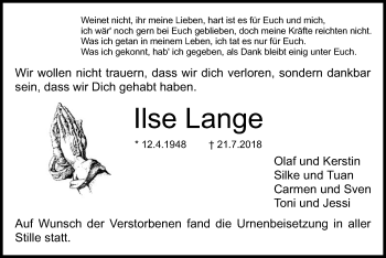 Traueranzeige von Ilse Lange von Offenbach