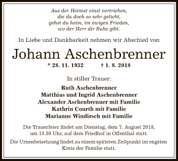 Traueranzeige von Johann Aschenbrenner von Offenbach