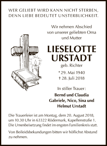 Traueranzeige von Lieselotte Urstadt von Offenbach