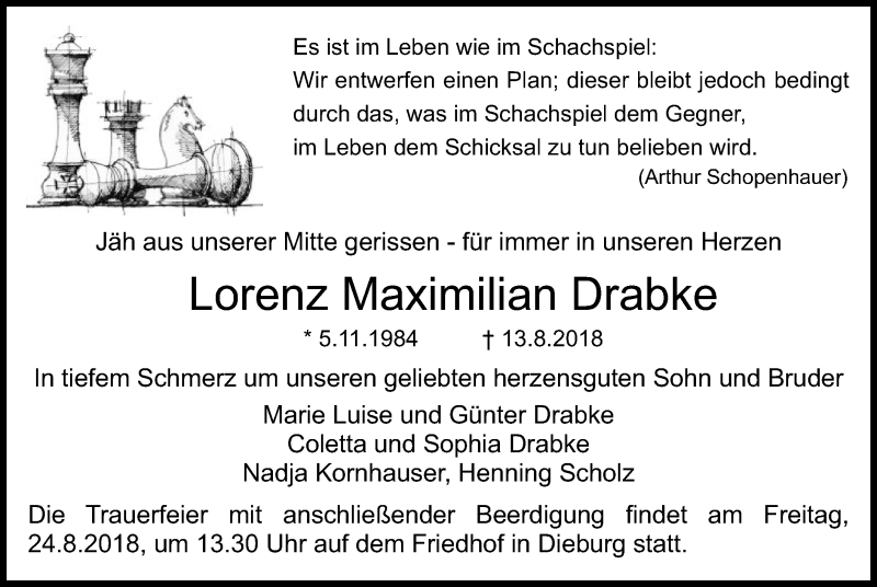  Traueranzeige für Lorenz Maximilian Drabke vom 18.08.2018 aus Offenbach