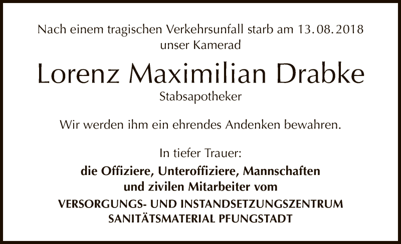  Traueranzeige für Lorenz Maximilian Drabke vom 18.08.2018 aus Offenbach