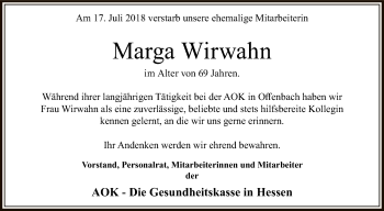 Traueranzeige von Marga Wirwahn von Offenbach