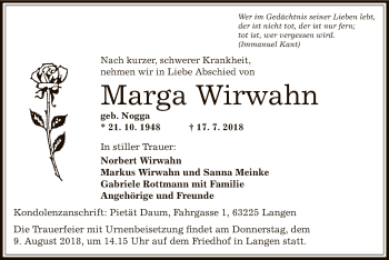 Traueranzeige von Marga Wirwahn von Offenbach