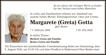 Traueranzeige von Margarete Gotta von Offenbach